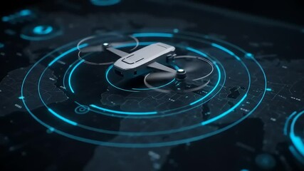 A sleek drone hovering over a digital map, showcasing advanced technology and aerial capabilities