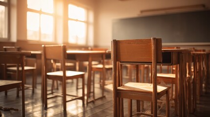 Empty classroom with wooden chairs and desks bathed in warm sunlight through large windows, creating a nostalgic and quiet atmosphere.