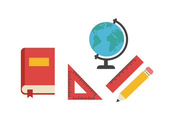 A book globe right triangle ruler and pencil all icons are on a white background