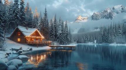 
Beautiful winter scene of wooden lodge glowing on Emerald Lake and pine forest at Yoho national park, British Columbia, Canada