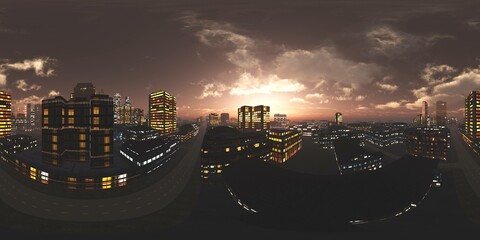 Night city, HDRI, equidistant projection, Spherical panorama, panorama 360, environment map, 3D rendering