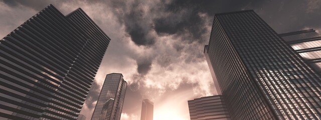 Gloomy cityscape, menacing skyscrapers, modern high-rise buildings from below, 3d rendering