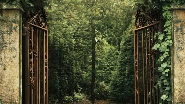 An old iron gate overgrown with vines