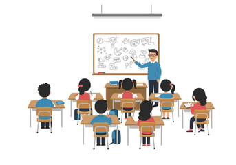 A teacher instructs students in a classroom setting with a whiteboard desks and children
