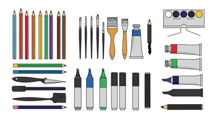 Art supplies pencils brushes markers paints  other tools neatly arranged on a white background