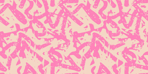Graffiti seamless pattern. Vector abstract texture with paint splashes, chaotic shapes, strokes, lines, dots. Funky pink and beige ink spray grunge background. Urban sport art. Repetitive design