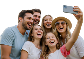 Happy family taking a group selfie on a sunny day, laughing together, transparent background, PNG.