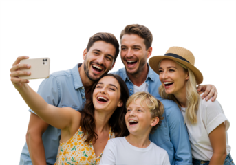 Happy family taking a group selfie on a sunny day, laughing together, transparent background, PNG.