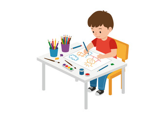 Boy drawing a house cloud sun at a desk with art supplies yellow chair