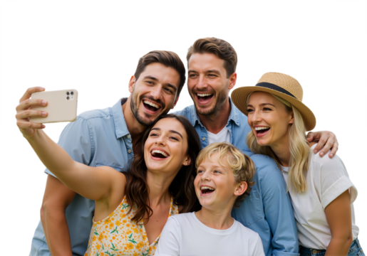 Happy family taking a group selfie on a sunny day, laughing together, transparent background, PNG.