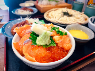 Salmon fish bowl with Udon noodle Japanese food Lunch set meal menu 