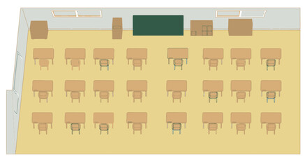 Classroom overhead view rows of desks chairs blackboard cabinets