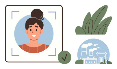 Face scanning screen with female photo, green checkmark, factory emitting smoke, and green plants. Ideal for technology, identity, ecology, sustainability, pollution verification ethical