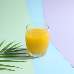 Refreshing Orange Juice Summer Drink with Tropical Leaf isolated on colorful background