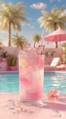 Refreshing pink summer cocktail by tropical poolside setting ideal for travel advertising hospitality branding and social media content