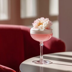 Elegant pink cocktail topped with fresh flower in sunlight &ndash; stylish drink photography for menus, luxury bars, and springtime celebrations