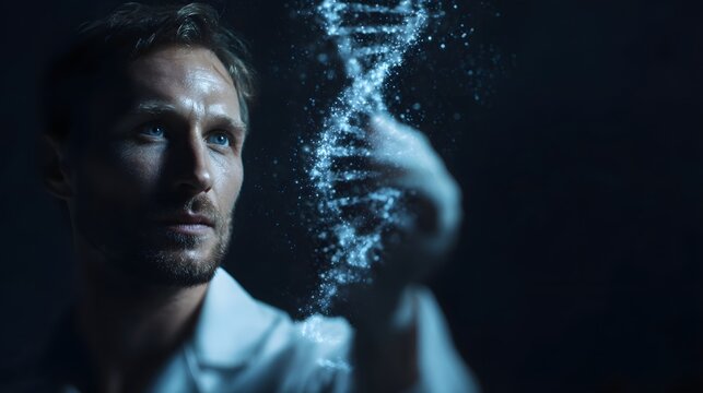 Scientist examining holographic DNA strand