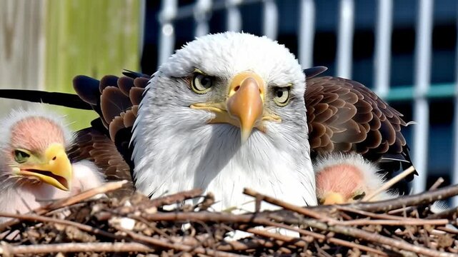 Proud Mother Eagle Protecting Her Nest: A majestic bald eagle watches over its eaglets in a detailed, intimate photograph, revealing the bird's powerful gaze, in its natural environment.