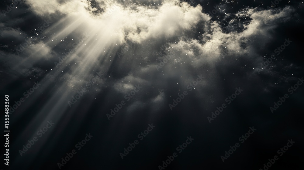 Poster light rays breaking through dark clouds, creating a dramatic, celestial scene.