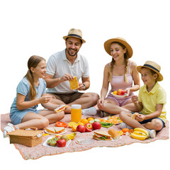 Family sitting on a picnic blanket in the park, preparing food together, transparent background, PNG.