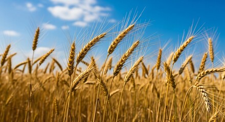 Fototapeta premium Golden Wheat Field Under a Bright Blue Sky Agriculture Photography