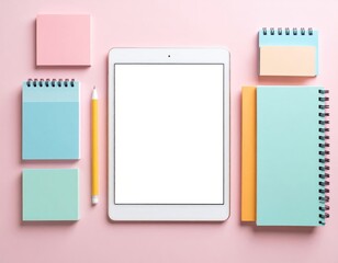 Colorful Flatlay of Creative Stationery Including Notebooks, Sticky Notes, and a Tablet on a Pastel Desk Perfect for Planning and Organization Inspiration