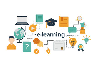 Elearning graphic with icons of a laptop globe books graduation cap speech bubbles lightbulbs and certificates