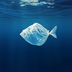 Plastic-bag-shaped fish floating in ocean water &ndash; striking environmental concept highlighting pollution, sustainability, and ocean awareness