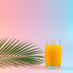 Refreshing Orange Juice Summer Drink with Tropical Leaf isolated on colorful background