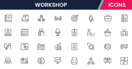 Vector illustration web line icon collection for workshop: tools, crafts, machinery, and creativity symbols in a dynamic, modern, and hands-on design style.
