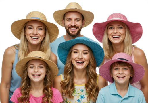 Happy family posing for a group photo wearing colorful sun hats, smiling, transparent background, PNG.