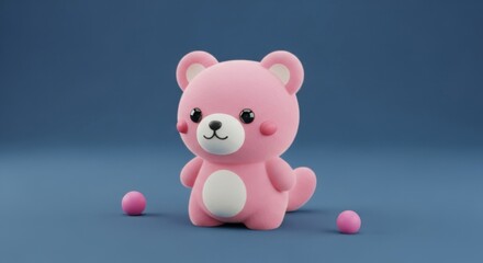 Obraz premium Adorable fluffy pink cartoon bear character with small pink balls on a solid blue background