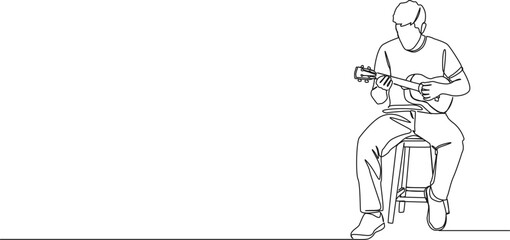 continuous single line drawing of male musician playing ukulele, line art vector illustration