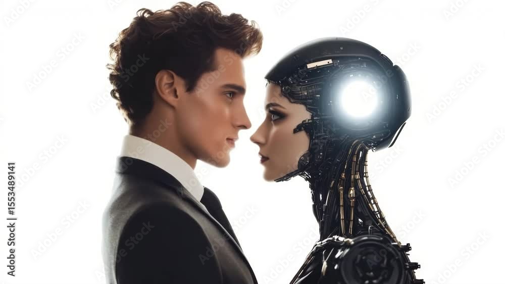 Poster futuristic clash: a natural man and a robot woman collide, symbolizing the connection between humans
