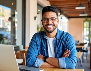 Obraz premium Vibrant Candid Portrait of a Coder in an Urban Café, Showcasing Vivid Colors and Natural Light, Capturing a Dynamic Moment of Productivity and Creativity