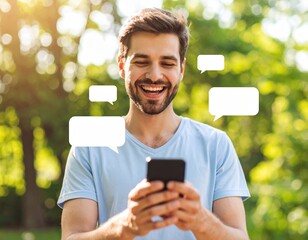 Young Man Smiling While Using Smartphone Surrounded by Chat Bubbles in Park Setting for Engaging Social Media Content Creation