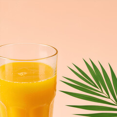 Refreshing Orange Juice Summer Drink with Tropical Leaf isolated on colorful background
