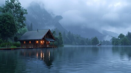 Lake house landscape under rainy weather