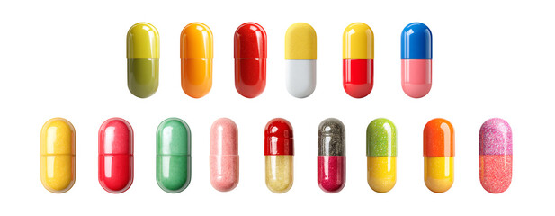 Pack of Colorful Capsules Pharmaceutical Medicine Healthcare and Wellness against transparent Background