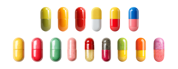 Pack of Colorful Capsules Pharmaceutical Medicine Healthcare and Wellness against transparent Background