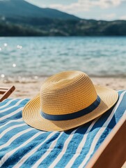 Straw hat resting on a striped beach towel by the ocean &mdash; bright summer vacation scene perfect for travel ads, holiday blogs, resort promotions, or lifestyle content