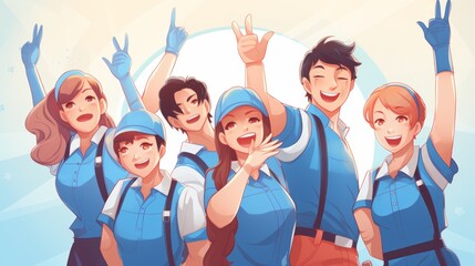 Fototapeta premium Happy cleaning team in uniform celebrate finishing a job in a client's apartment, standing in a circle with their hands raised. They provide professional cleaning services. 