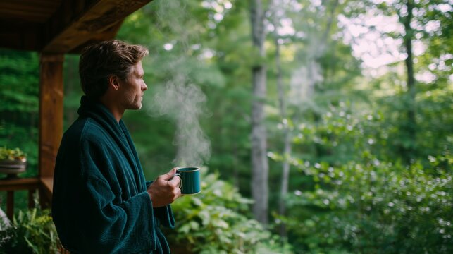Man enjoying a warm drink while wrapped in a robe on a peaceful balcony surrounded by lush trees in the morning light