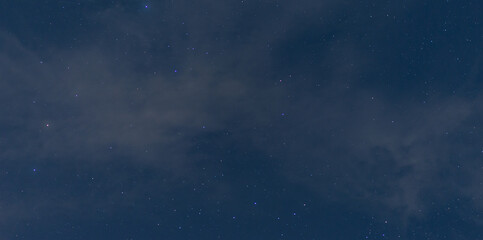 Panorama blue night sky milky way and star on dark background.Universe filled with stars, nebula and galaxy with noise and grain.Photo by long exposure and select white balance.Dark night sky.

