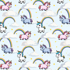 Pattern with multicolored unicorns.Vector seamless pattern with colorful unicorns, clouds and rainbow on a blue background.