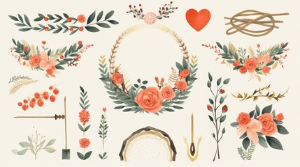 Wedding clip art: includes wreaths, flowers, arrows, hearts, and ribbons for decorations.
