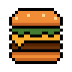 Pixel art hamburger emoji illustration isolated on white background. A retro style cheeseburger with lettuce, cheese, and beef patty between sesame seed buns. Perfect for food related design, retro
