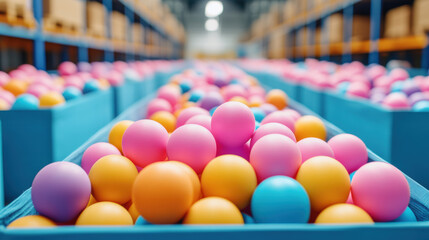 Ball factory, Boxes of balls neatly arranged in a warehouse, showcasing organized storage solutions for inventory management.