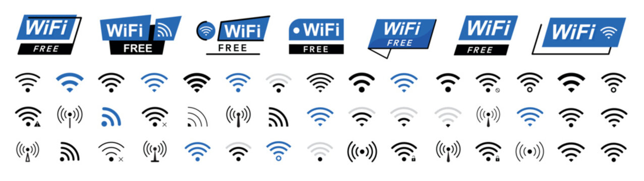 Wifi icon set. Wifi zone. Remote access and radio waves communication symbols. Free wifi signs set. Internet connection symbol. Modern UI website navigation. Vector illustration