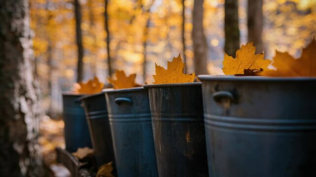 A row of metal buckets covered in leaves